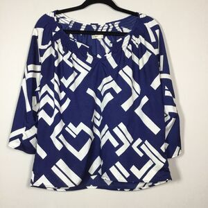 Royal blue and white geometry  floaty top with keyhole semi sheer wide sleeve M